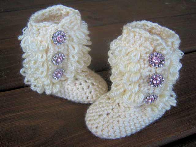 Crochet Baby Booties Furry Ugg Inspired Loopy Diva Boots 6 Months To 1 ...