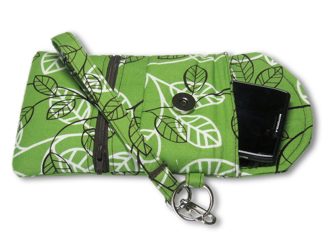 Phone Wristlet, Cellphone Wallet, Brown White Green Leaves