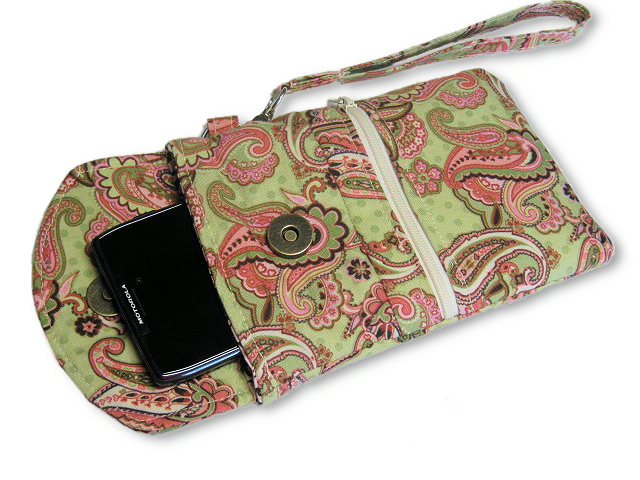 Phone Wristlet, Cellphone Wallet, Green Pink Paisley