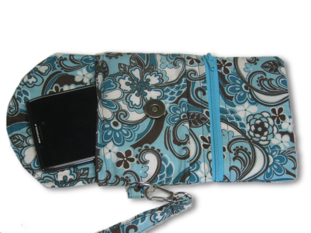 Phone Wristlet, Cellphone Wallet, Blue Brown Floral