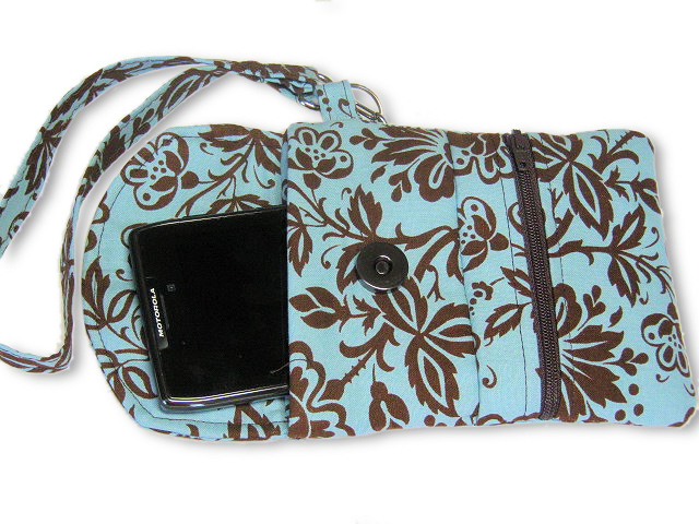 Phone Wristlet, Cellphone Wallet, Turquoise Brown Floral